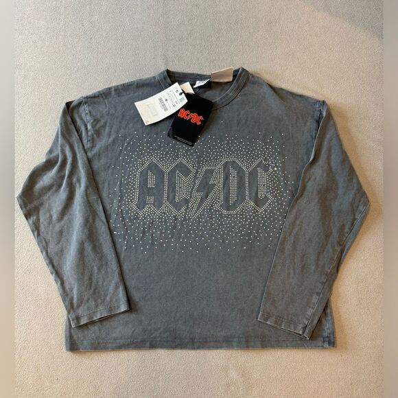 NWT Zara girls anthracite grey AC/DC acid wash long sleeve T-shirt Size 9 - Picture 1 of 16
